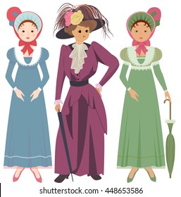 Three Women In Old Dresses, Umbrellas And Hats. Vector Illustration.