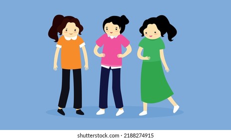 Three Women On A Blue Background