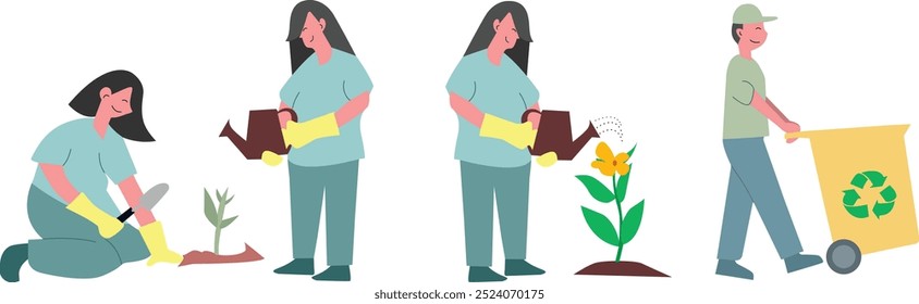 Three women and one man working together in a garden, promoting sustainability and recycling practices. Ideal for environmental or gardening concepts.