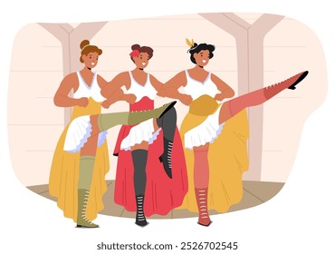 Three Women Performing A Energetic Can-Can Dance In A Vibrant Wild West Saloon With Colorful Costumes And High Kicks. Their Joyful Expressions And Coordinated Movements Capture The Spirit Of The Era