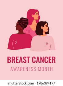 Three women with pink ribbons of different nationalities standing together. Breast cancer awareness prevention month banner. Concept of support and solidarity with females fighting oncological disease