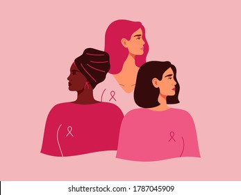 Three women with pink ribbons of different nationalities standing together. Breast cancer awareness prevention month. Concept of support and solidarity with females fighting oncological disease