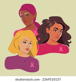 Three women with pink ribbons of different nationalities standing together. Breast cancer awareness prevention month. Concept of support and solidarity with females fighting oncological disease.