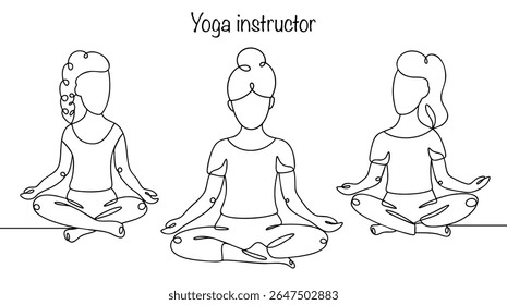 Three women practice yoga together. A yoga instructor teaches them breathing practices and meditation, the correct technique for performing poses and breathing. Simple hand illustration.