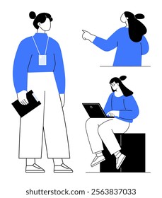 Three women in professional settings. One standing with clipboard, one seated with laptop, one gesturing. Ideal for work, business, teamwork, technology, communication. Modern minimalistic flat style