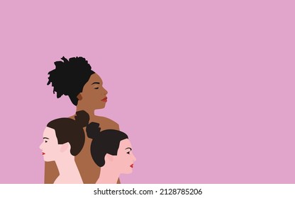 three women in profile on violet background for international women's day