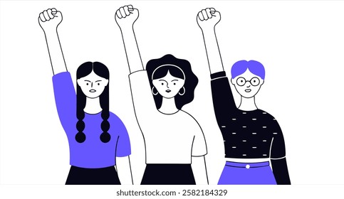 Three women with raised fists, simple flat illustration, feminist activism female power equality concept