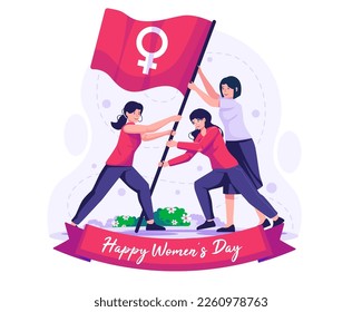 three women raising a flag symbolizing the female gender. Struggling for freedom, independence, and equality. Women's Day concept illustration