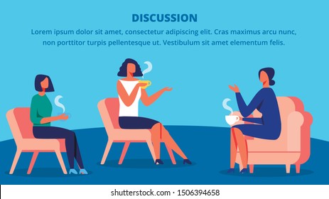 Three Women in Red Chairs Drink Tea and Discussion. Training for Women. Vector Blue Background. Communication Coach and Client. Woman Sitting on Chair in front Each Other. Lead Discussion