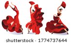 Three women in red dresses with fans dance flamenco. Vector illustration.