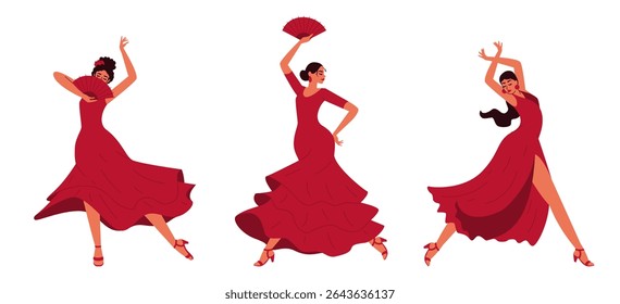 Three women in red dresses with fans dance flamenco. The dynamic pose of the passionate Spanish dance. Flat modern illustration.