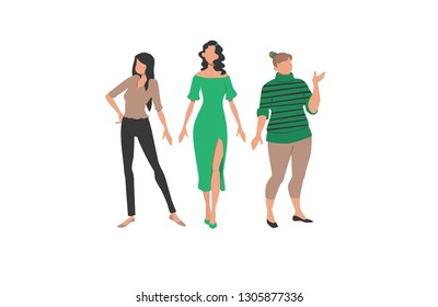 Three women representing different styles and body types. Clothes, style, figure. Can be used for topics like fashion, sizes, body difference.