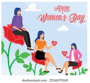 Three women seated on roses, holding hearts, celebrating International Women Day with joy and empowerment. A vibrant depiction of appreciation and unity among women. Flat vector modern illustration 