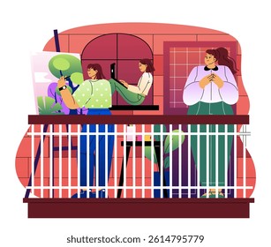 Three women seen on a balcony, one painting, one using a laptop, and one standing thoughtfully. Flat graphic style with a red brick wall background. Concept of creativity and relaxation at home
