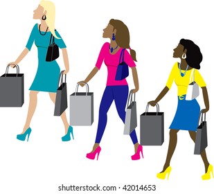 Three women shopping with bags dressed fashionably.