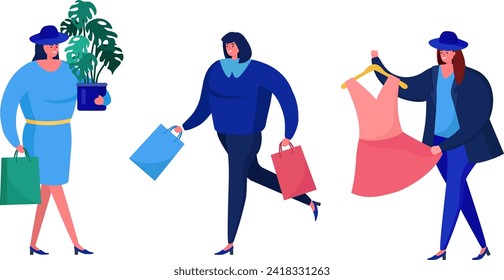 Three women shopping with bags and plant. Trendy ladies enjoying retail therapy. Fashionable shoppers, shopping spree vector illustration.