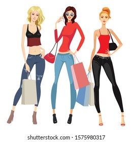 three women with shopping bags in their hands
