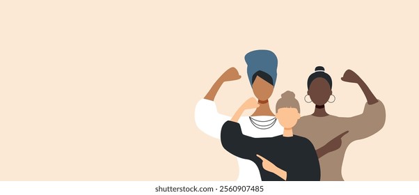 Three women show their strength. International Women's Day concept. #AccelerateAction