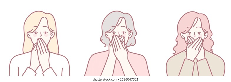 Three women are showcasing a variety of different and unique expressions while playfully covering their faces