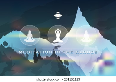 Three women silhouettes practicing meditation with a mountain landscape background vector illustration