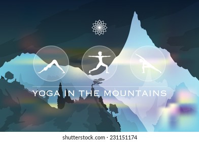 Three women silhouettes practicing yoga asana with a mountain landscape background vector illustration