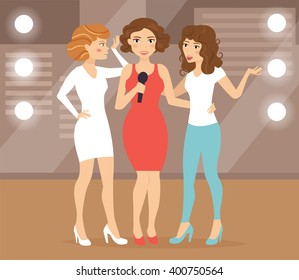 Three women singing on stage. Vector isolated illustration. Cartoon character. Karaoke. Party