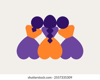 Three women sit side by side and take care of each other. Back view of female silhouttes for womens day. Sisterhood and community for girls. Vector abstract illustration 