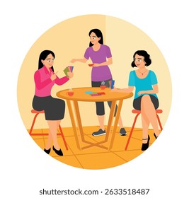 Three women sitting on chairs enjoying a card game in a comfortable atmosphere, engaging in friendly conversation and sharing quality time together. Playing game concept.
