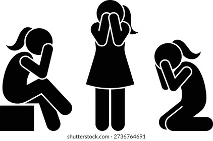 Three women sitting and standing with their faces covered in distress