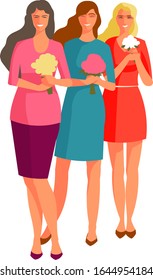 Three women stand in full height in the hands of their flowers