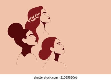 Three women stand together. Silhouettes of Strong and brave girls look forward. Sisterhood and females friendship. Vector illustration for International Women's Day. Space for text on the right side