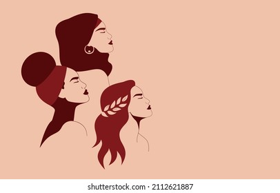 Three women stand together. Silhouettes of Strong and brave girls look forward. Sisterhood and females friendship. Vector illustration for International Women's Day. Space for text on the right side