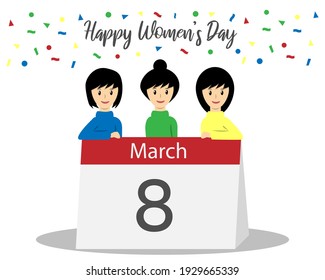 Three women standing behind the calendar showing 8th March cartoon vector. Happy women's day concept