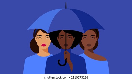 Three women stay together under one blue umbrella.  Female friends hiding under umbrella. Multiracial group, beautiful people, casual clothes. Modern vector illustration for poster, banner, cover.