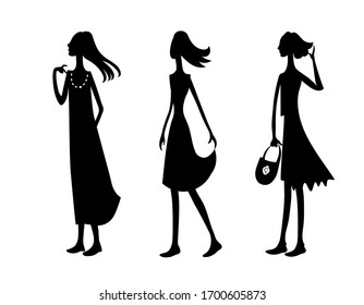 Three women in summer clothes look to the left. Hand drawn black fashion model collection silhouette.