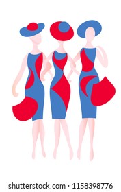 Three women in summer red and blue dresses and hats with bags.  Vector color abstract image.
