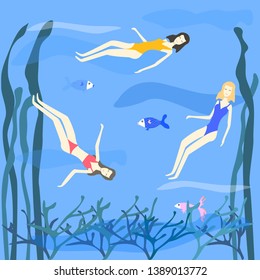 Three women swimming in the sea with fish cartoon style vector illustration