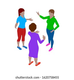 Three women talk emotionally while standing. Scene of people in isometric view. Isolated team of staff.