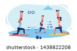 Three Women in Tracksuits Doing Exercises in Gym. Sports Equipment in Gym. Women Doing Squats at Gym. Fitness Class for Woman. Sports Training for Women. Vector Illustration. Healthy Lifestyle.