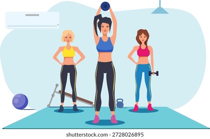 Três mulheres em trajes fazendo exercícios no ginásio