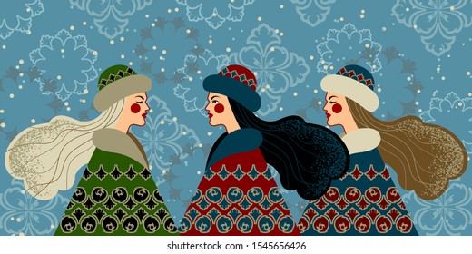 Three women in traditional coats on blue background. Vector illustration.