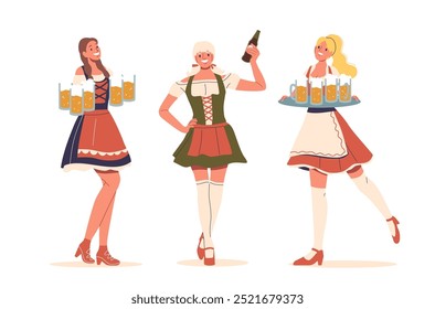 Three Women In Traditional German Costumes Joyfully Holding Beer Mugs. They Are Dressed In Colorful Dirndls