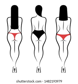 Three women in underpants standing backside. Isolated vector illustration