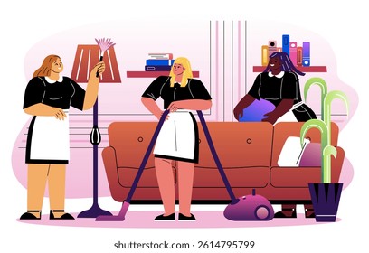 Three women in uniforms cleaning a living room with vacuum and duster, flat graphic style, indoors with furniture and books, concept of housekeeping service. Vector illustration