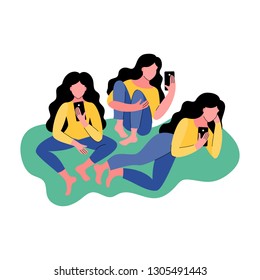 Three women use a smartphone. Vector illustration in flat style.