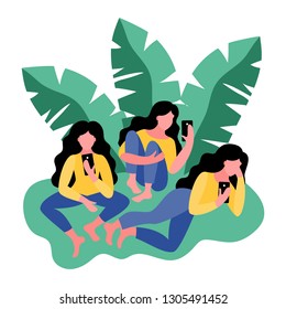 Three women use a smartphone. Vector illustration in flat style.