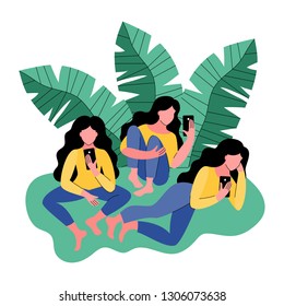 Three women use a smartphone. Vector illustration in flat style.