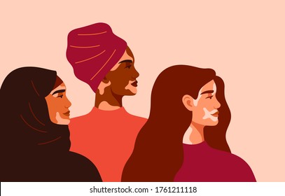 Three women with vitiligo of different nationalities standing together. Concept to support people living with vitiligo and to build awareness about chronic skin disorder.Vector illustration