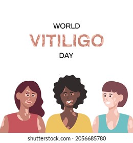 Three women with vitiligo of different nationalities. Body positive concept. World vitiligo day. Vector illustration