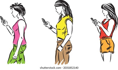 three women walking looking at cell phone vector illustration